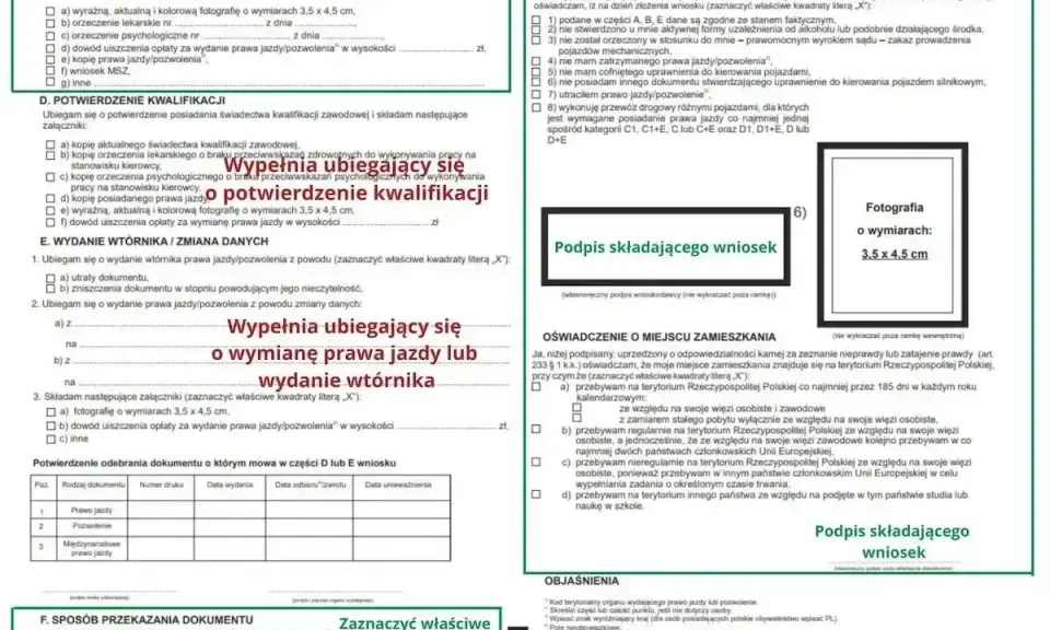 Formularz do odbioru prawa jazdy, wymiany dokumentu lub potwierdzenia kwalifikacji. Wypełnij go, aby złożyć wniosek.