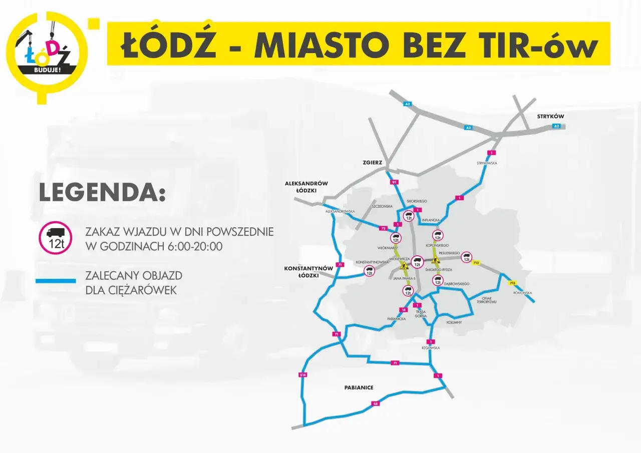 Mapa Łodzi z zaznaczonymi zakazami dla ciężarówek (powyżej 12t) w dni powszednie 6-20. Pokazuje zalecane objazdy dla tirów.