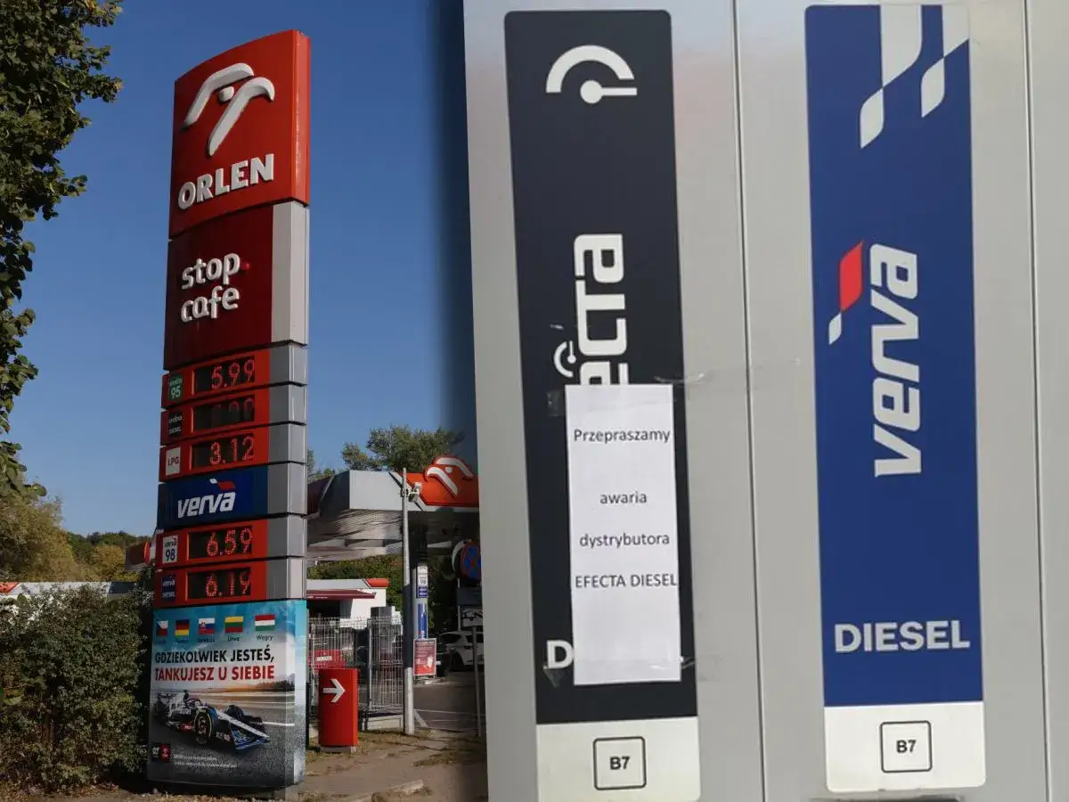 Stacja Orlen z cenami paliw, w tym Verva Diesel. Obok dystrybutor z informacją o awarii.