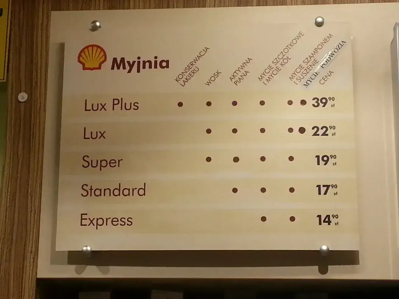 Cennik myjni samochodowej Shell: Lux Plus (39,90 zł), Lux (22,90 zł), Super (19,90 zł), Standard (17,90 zł), Express (14,90 zł).