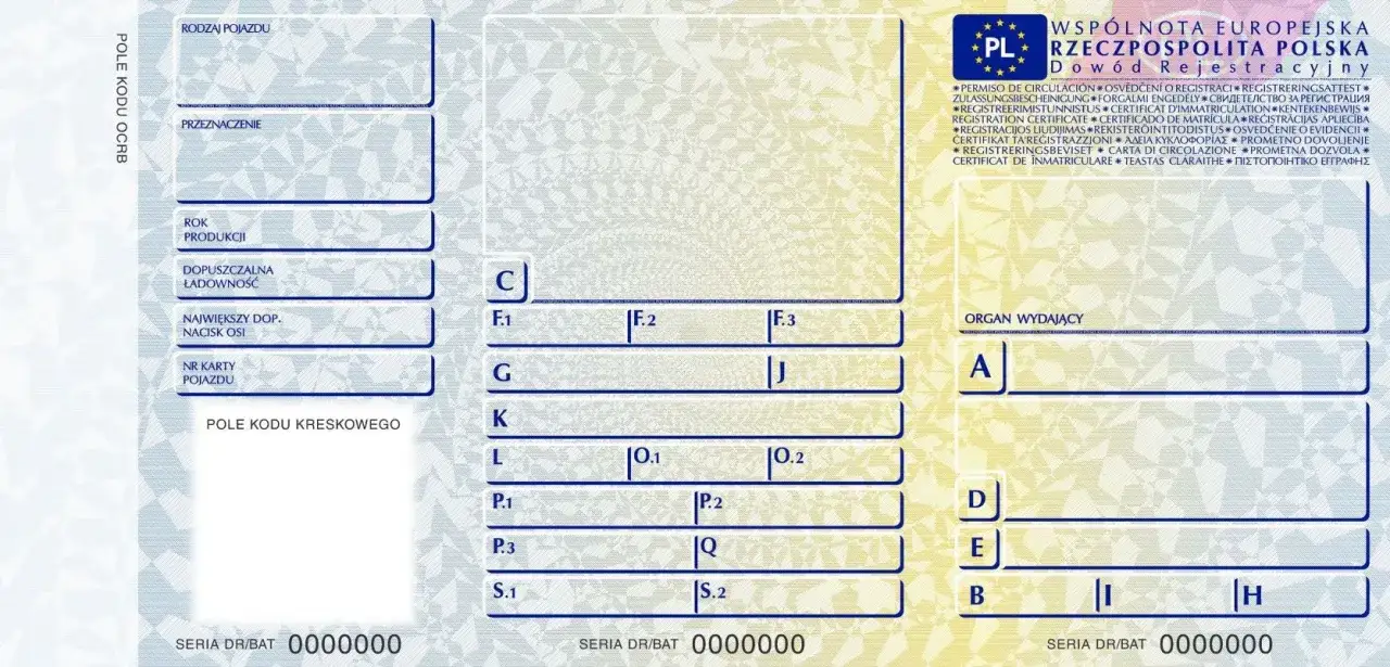 Dowód rejestracyjny pojazdu, kategoria pojazdu M1. Widoczne pola: Rodzaj pojazdu, Przeznaczenie, Rok produkcji, Dopuszczalna ładowność, Największy dop. nacisk osi, Nr karty pojazdu.