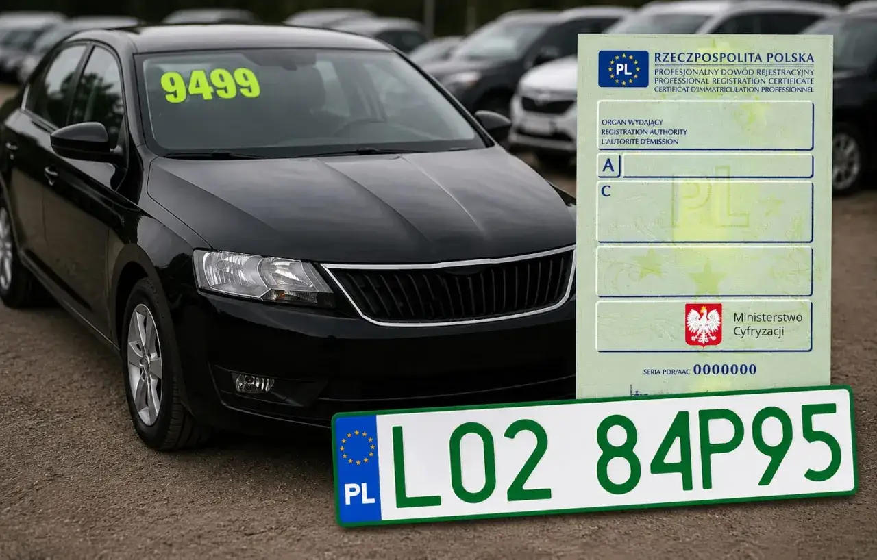 Czarny samochód z numerem 9499 na szybie, obok dowód rejestracyjny i tablica rejestracyjna. EPD rejestracja w Polsce.