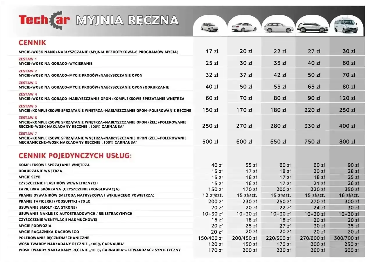 Cennik myjni automatycznej TechCar: od 17 zł za mycie z woskiem nano, po 800 zł za kompleksowe mycie z polerowaniem mechanicznym i woskiem.