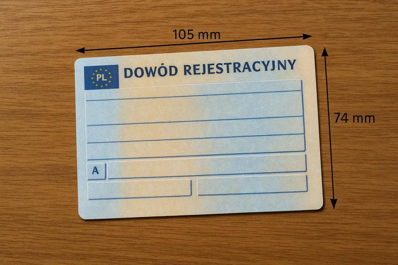 Dowód rejestracyjny ma wymiary 105 mm x 74 mm. Dokument zawiera pole z literą