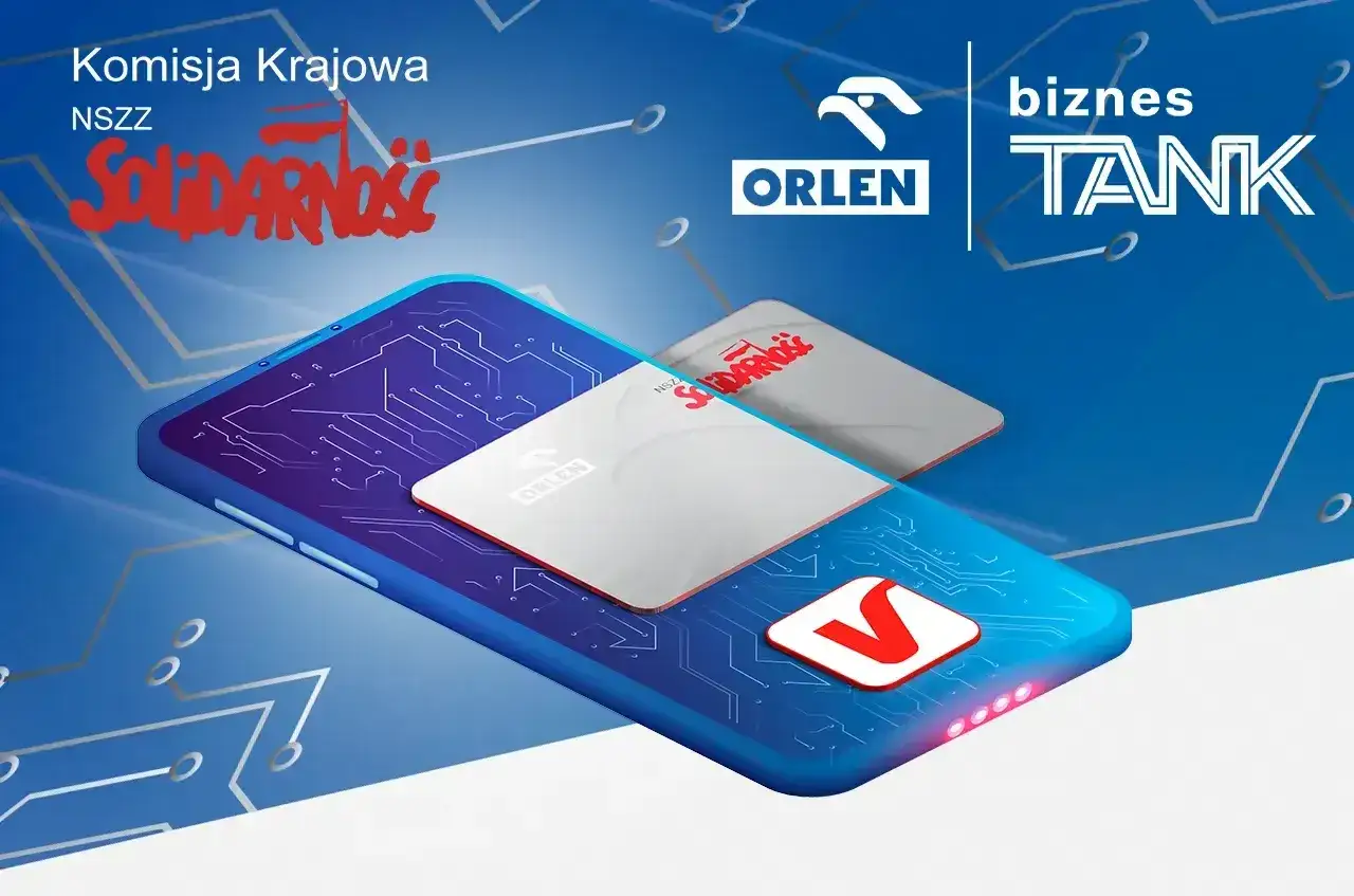 Karta podarunkowa Orlen na tle telefonu z grafiką obwodów. Logo