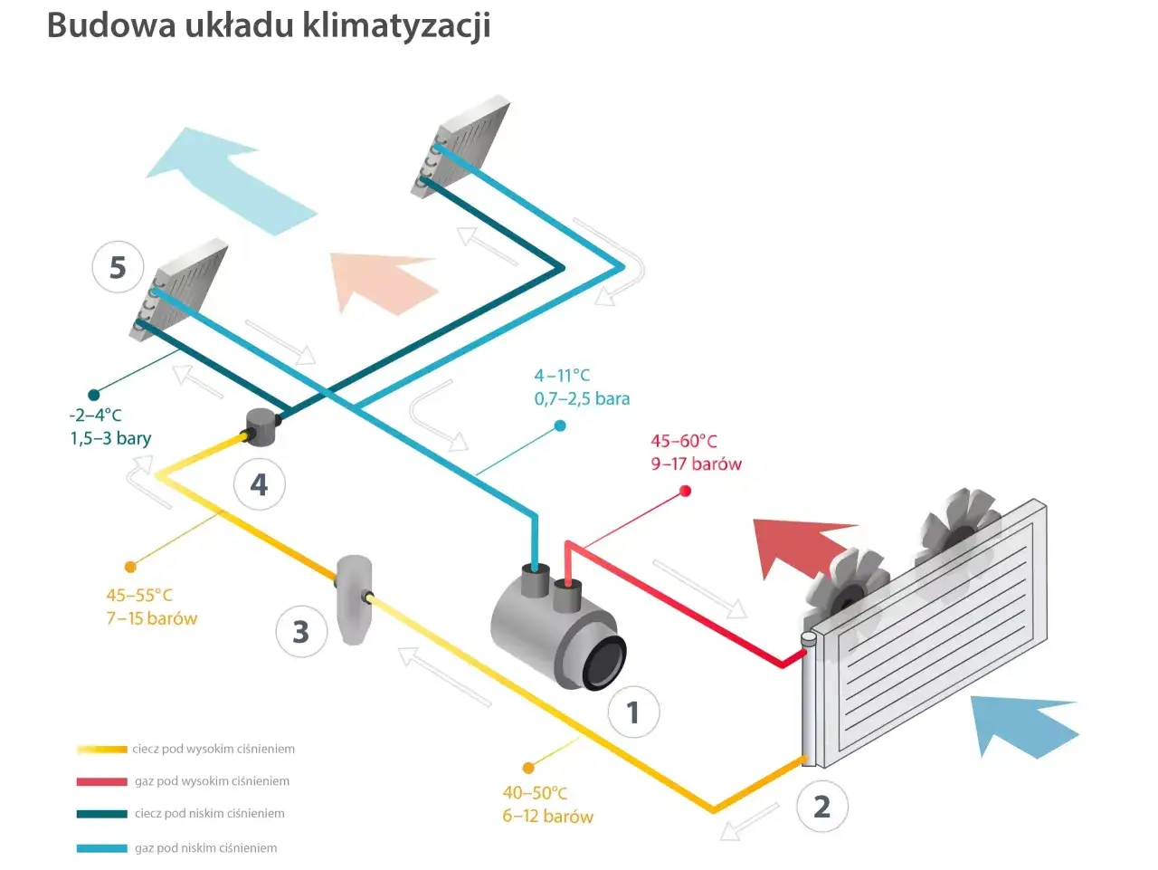 Schemat budowy układu klimatyzacji w samochodzie. Pokazuje przepływ czynnika chłodniczego przez kluczowe elementy, takie jak sprężarka (1), skraplacz (2) i parownik (5).