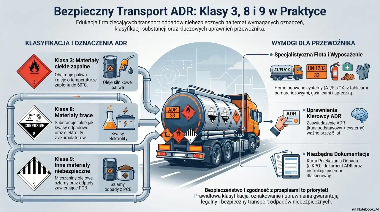 Ilustracja przedstawia transport materiałów niebezpiecznych, klasy 3, 8 i 9. Zawiera informacje o oznaczeniach ADR, wymaganiach dla przewoźnika i dokumentacji. To pomocne przy egzaminie ADR pytania i odpowiedzi.