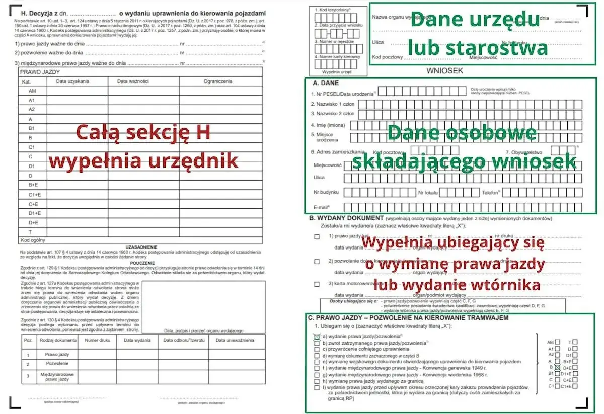 Nowe prawo jazdy wzór: sekcja H wypełnia urzędnik, dane osobowe składa wnioskodawca. Wniosek o wydanie lub wymianę dokumentu.