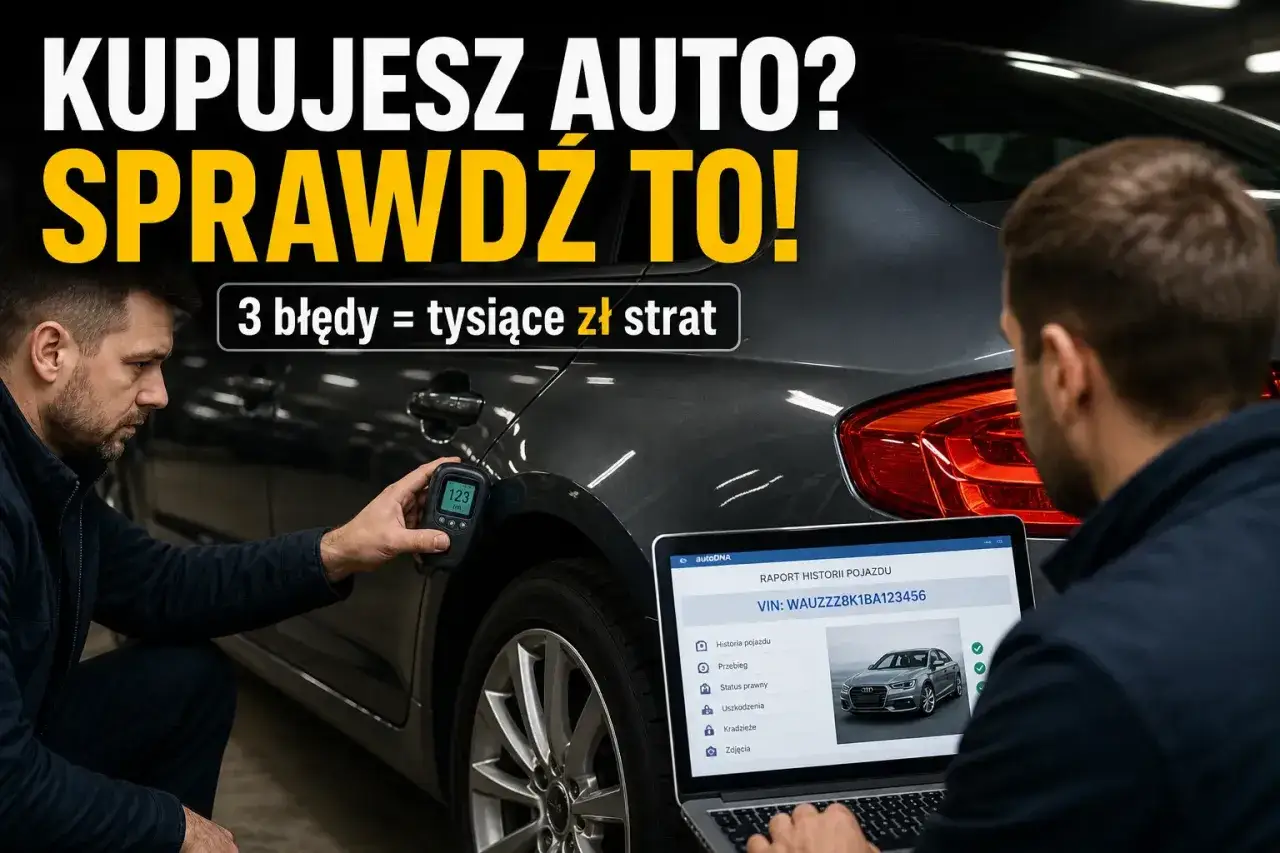 Mężczyzna sprawdza lakier auta miernikiem, a drugi analizuje raport historii pojazdu na laptopie. Upewnij się, że kupujesz bezwypadkowy samochód.