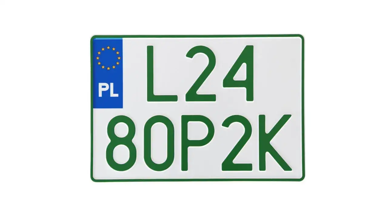 Profesjonalne tablice rejestracyjne z zielonymi znakami i symbolem UE. Numer rejestracyjny L24 80P2K.