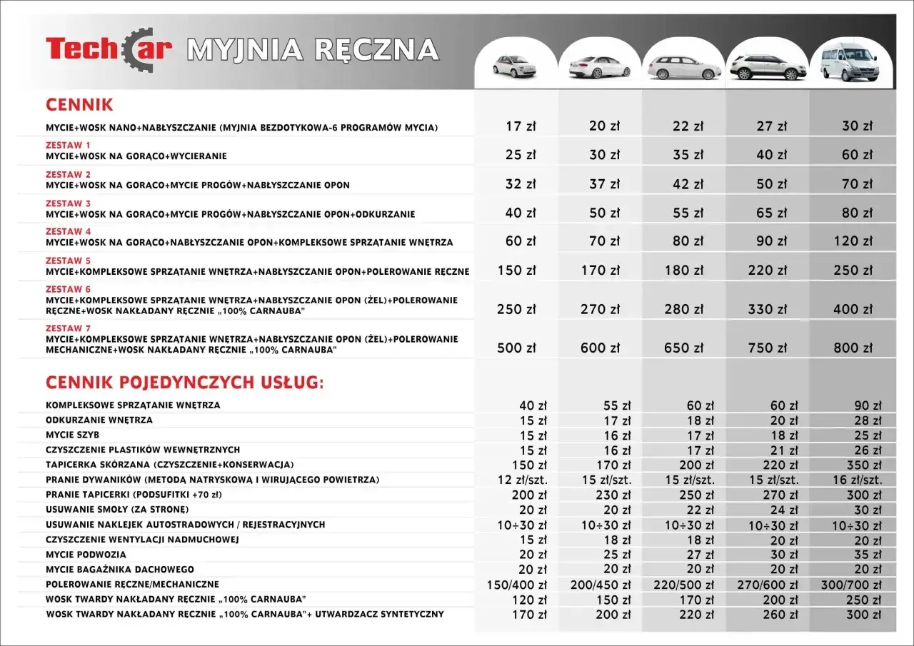 Cennik usług Techcar: mycie, wosk, polerowanie, sprzątanie wnętrz. Sprawdź ceny i wybierz pakiet dla swojego auta.