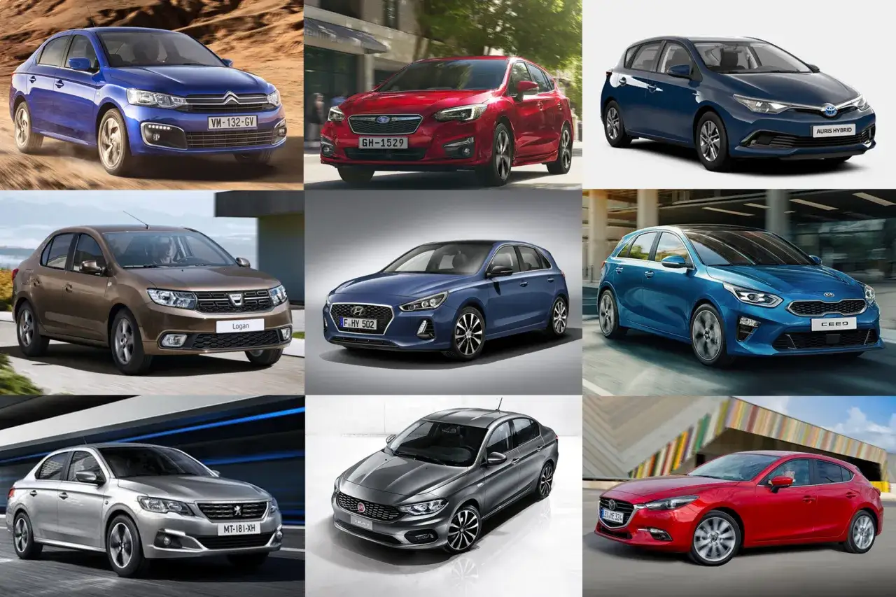 Kompilacja samochodów: niebieski Citroen, czerwony Subaru, niebieska Toyota Auris Hybrid, brązowy Dacia Logan, niebieski Hyundai i30, niebieski Kia Ceed, srebrny Peugeot, szary Fiat Tipo, czerwona Mazda 3.
