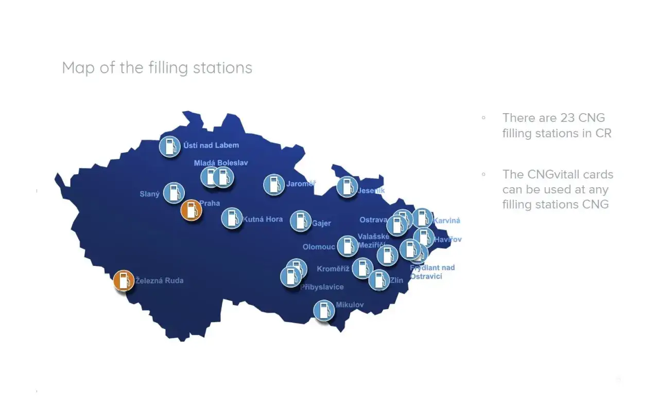 Mapa stacji CNG w Czechach. Znajdź punkty tankowania CNG w miastach takich jak Praga, Ostrava, Brno i inne.