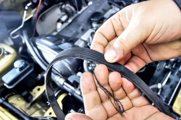 Uszkodzony pasek osprzętu, który wymaga wymiany, widać na dłoniach mechanika.