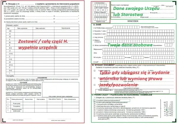 Formularz wniosku o wydanie dokumentu, gdzie zaznaczono: "Tylko gdy ubiegasz się o wydanie wtórnika lub wymianę prawa jazdy/pozwolenia".