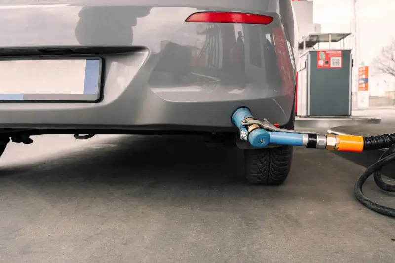 Złącze do tankowania LPG przy samochodzie, przygotowanie do demontażu instalacji. Zaświadczenie o demontażu instalacji LPG będzie potrzebne.